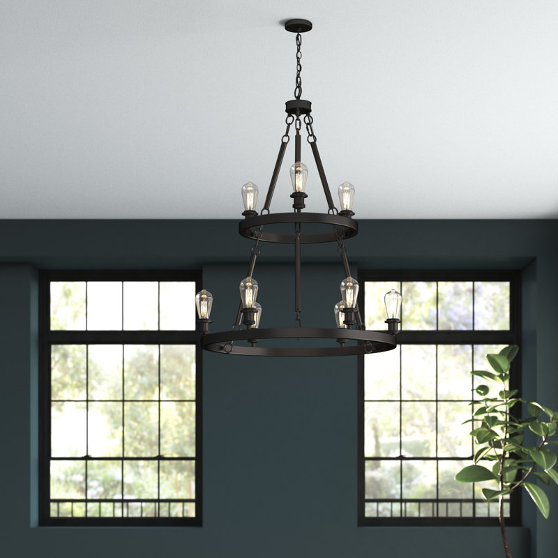Nicolao 9 - Light Dimmable Wagon Wheel Chandelier, 6 Watt Vinage LED Bulb, No Shade