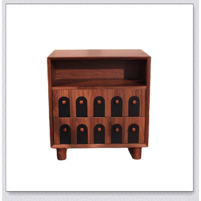 26 Inch Tall Modern Nightstand with Charging Station and 2 Storage Drawers, Curved Mirror Design for Bedroom and Living Room