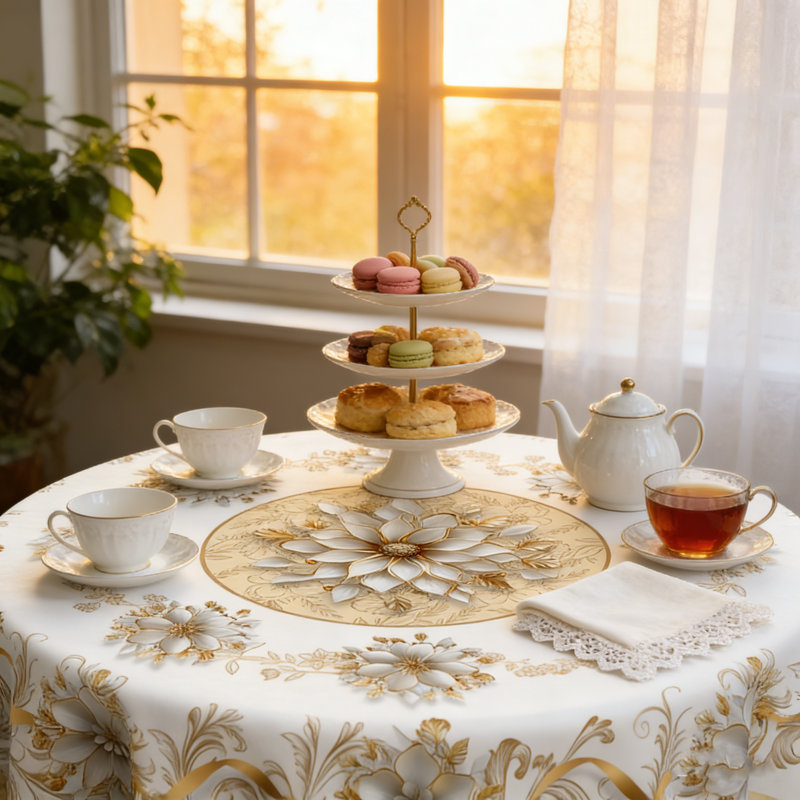 White and Gold Floral Print Tablecloth, Washable Round Tablecloth, Ideal for Indoor Dining and Family Gatherings, 60" Round