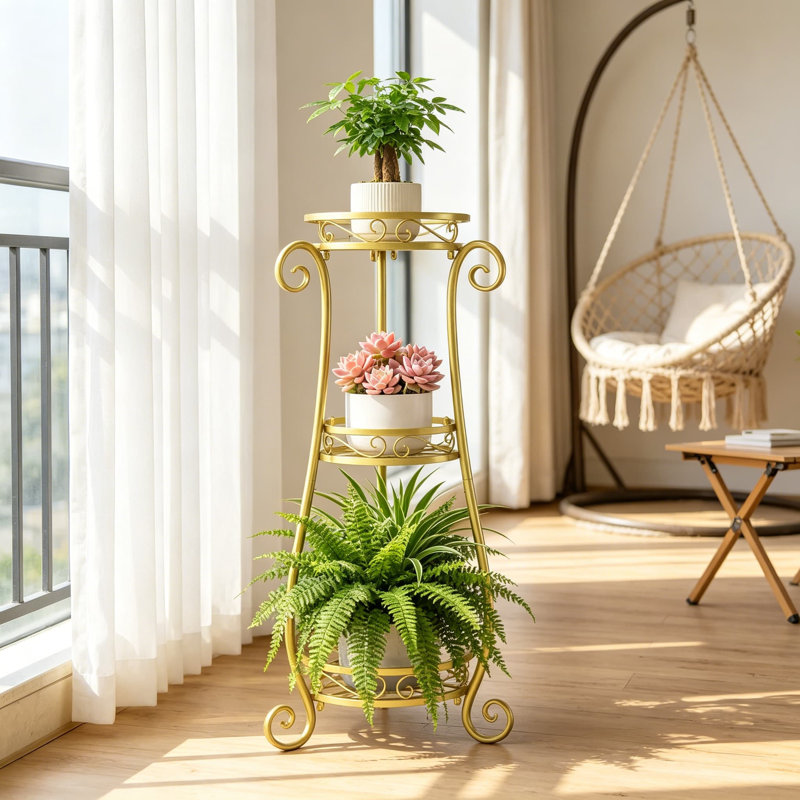 Support à plantes à 3 niveaux pour l'intérieur et l'extérieur en fer forgé, Doré