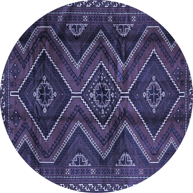 Tapis géométrique en laine / polyester tissé à la machine bleu foncé / mauve, Rond 5 pi
