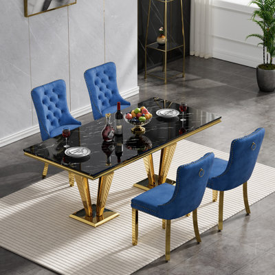 Rectangle Dining Table Set, Black Faux Marble Dining Table & Velvet Chairs with Stainless Steel Pedestal, 68.11" Dining Room Table and Chairs Set, Luxury Dining Table Set for Home Furniture
