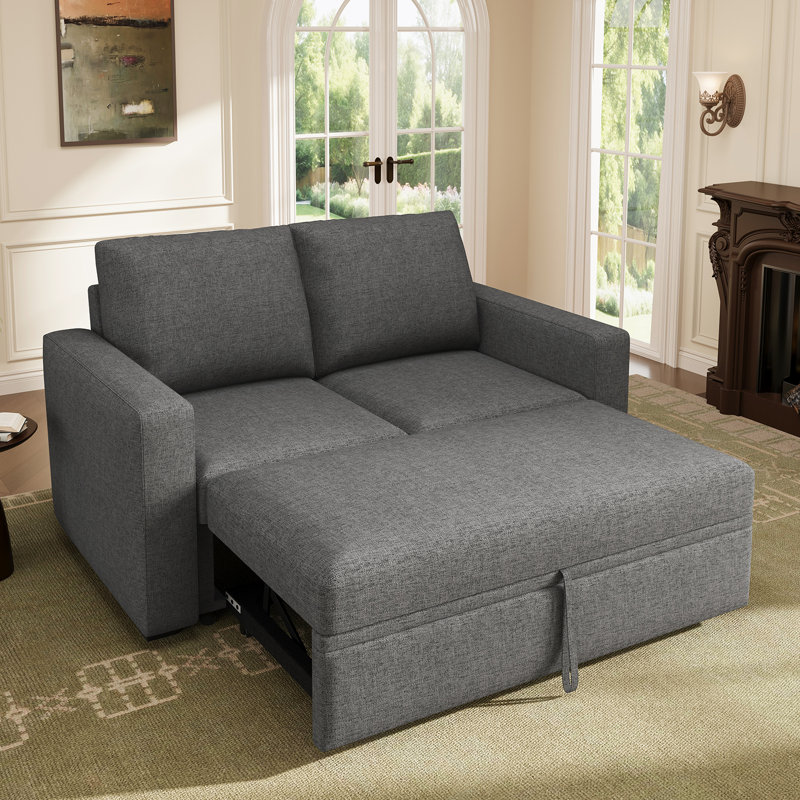 Canapé-lit Hoelscher avec lit escamotable et méridienne en polyester gris foncé, Polyester gris