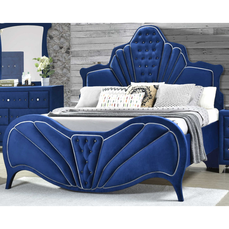 Grand lit plateforme tapissier Lieran, Bleu, Grand