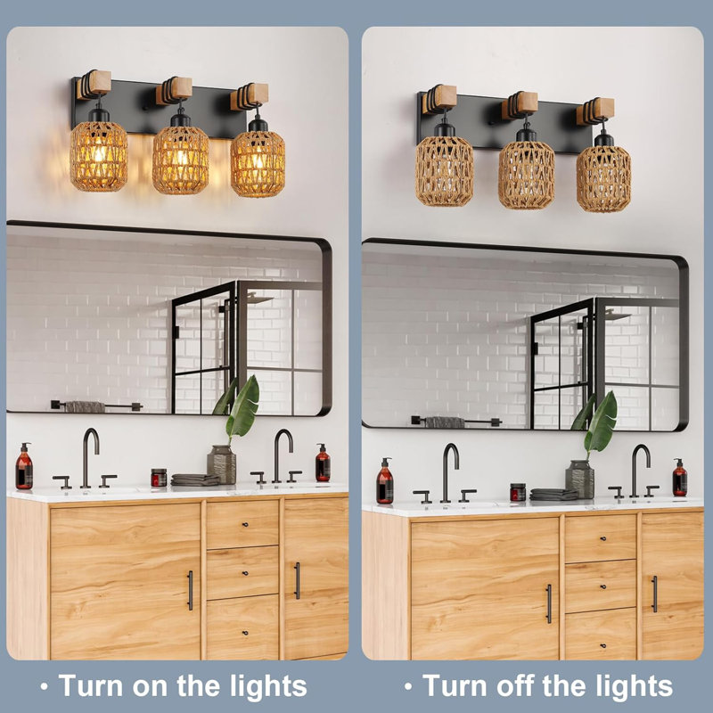 Black Metal and Natural Rattan 3-Light Bathroom Vanity Fixture