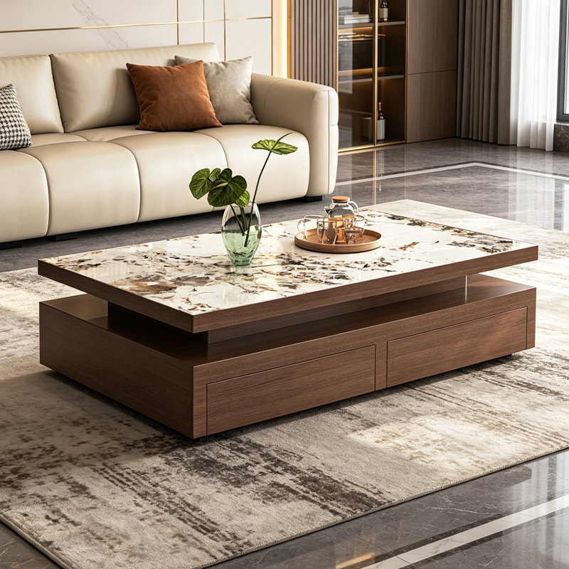 Table basse haut de gamme rectangulaire en ardoise avec rangement, 14.96" H x 59.05" W x 31.49" D, Taupe / brun noisette