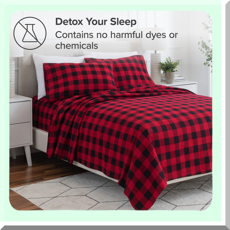 Soft Flannel Queen Sheet Set - Buffalo Plaid Red - Deep Pocket - Heavyweight Double Brushed Cotton - Extra Soft - Comfortable Bedding