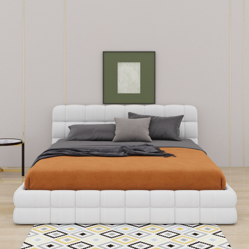 Queen Size Upholstered Platform Bed, White