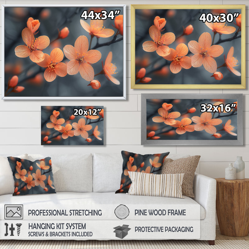 Photo de fleur de cerisier orange pastel - Art mural fleur de cerisier, Toile encadrée noire simple