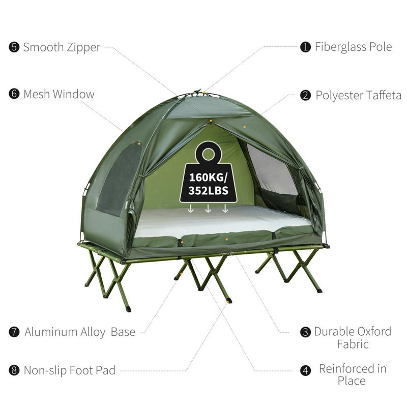 Outsunny 2 Person Foldable Camping Cot with Tent, Bedspread and Thick Air Mattress, 4-In-1 Elevated Camping Bed Tent
