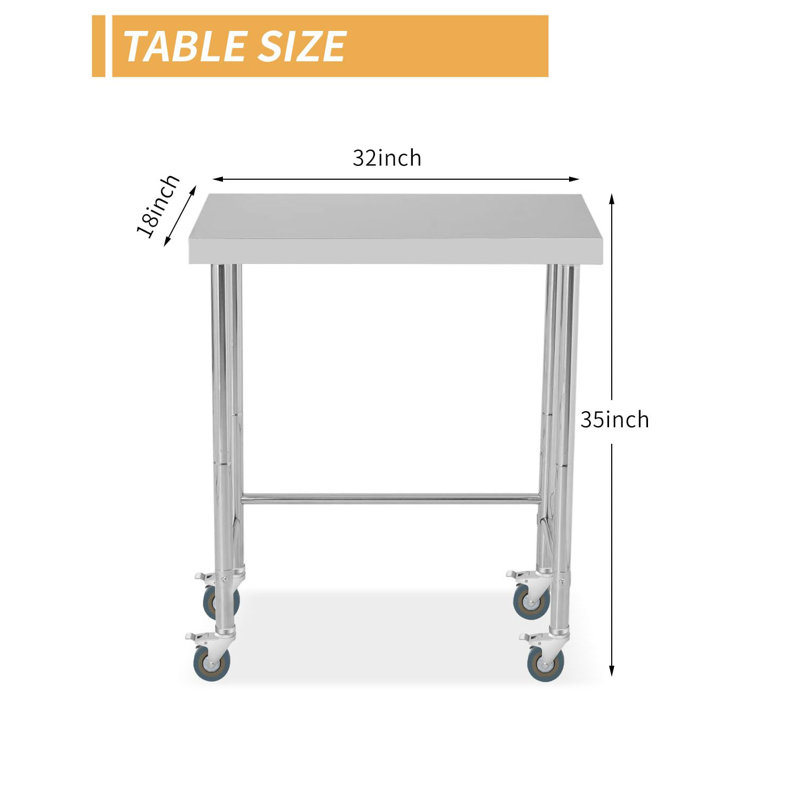 Table de travail robuste en acier inoxydable certifié NSF, usage commercial intensif - Base ouverte - Plateau antirouille facile à nettoyer - 45,7 x 81,3 x 88,9 cm - Avec roulettes