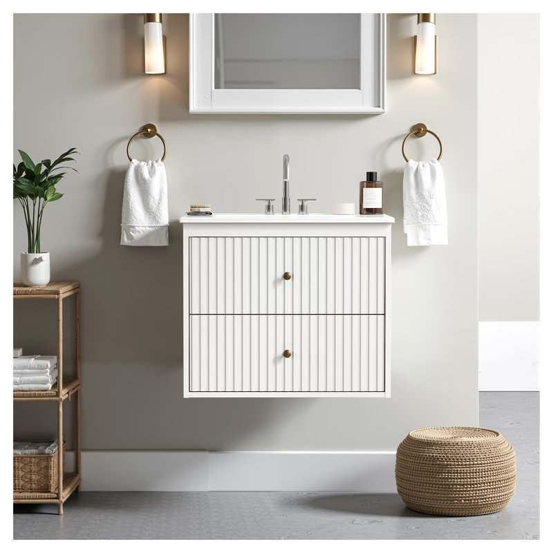 Meuble-lavabo suspendu de 61 cm avec lavabo en céramique intégré, armoire de rangement murale blanche avec tiroirs et portes
