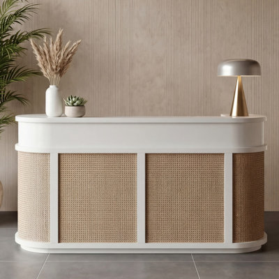 78.7"W Reception Desk, Vintage Curved Rattan Retail Counter with Lockable Storage & Cable Hole, Checkout Counter for Salon Spa Hotel Office Boutique Dental Hospital
