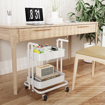 2 Tier Foldable Rolling Cart, Metal Utility Cart with Lockable Wheels, Folding Storage Trolley
