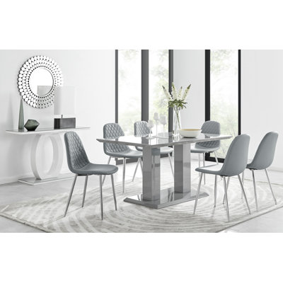 Eubanks High Gloss Double Pillar Dining Table Set with 6 Luxury Faux Leather Dining Chairs