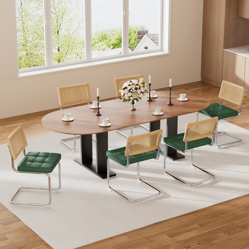 Ensemble de 2 chaises de salle à manger en rotin, dossier en bois massif revêtu de similicuir Mid-Century, Vert