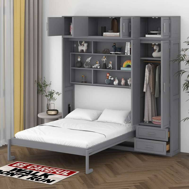 Grand lit escamotable avec armoire supérieure, tablettes et garde-robe, pliable au mur, cadre de lit plateforme pliable multifonctionnel