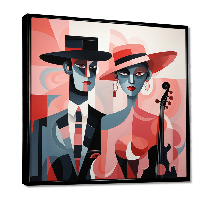 «Jazz Duo Minimal Silhouettes Retro Blue and Red - Musician Wall Art Print», Toile avec cadre flottant noir
