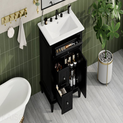 24" Bathroom Vanity With Sink, Bathroom Vanity Cabinet With One Flip Drawer And Two Drawers, Adjustable Shelf, Solid Wood And Mdf, Black
