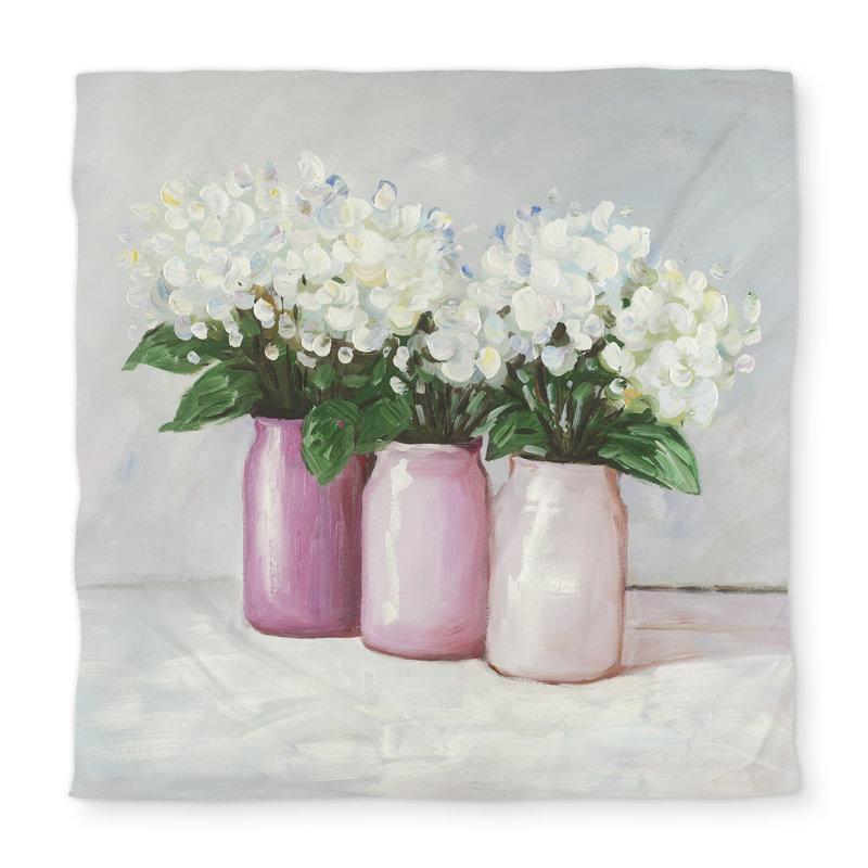 Hydrangea Flowers in Pink Vases | Romantic White Duvet Cover, Queen Duvet Cover