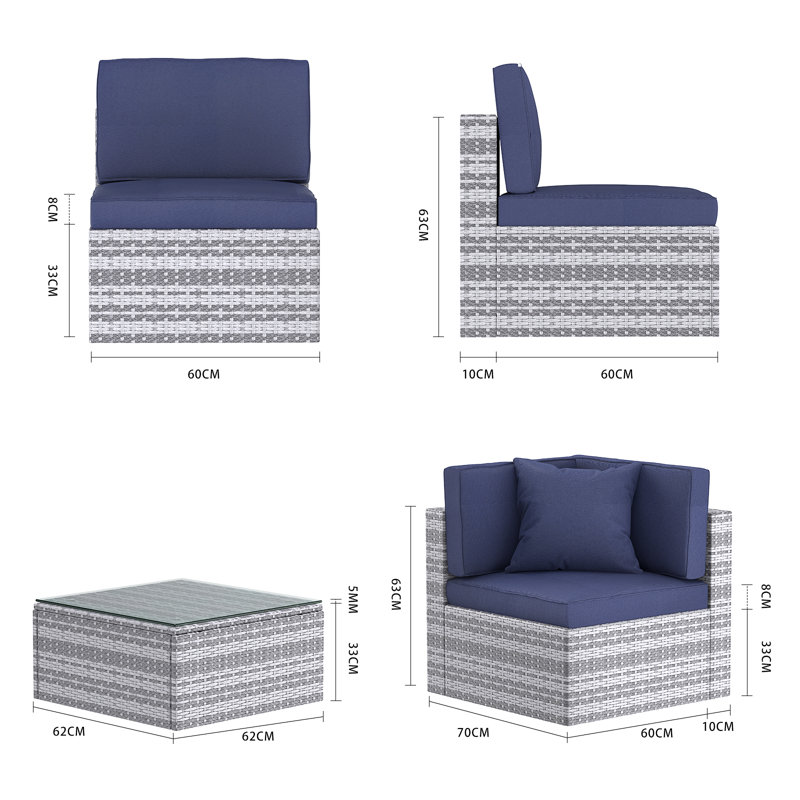 Kristleifur Rattan 6 - Person Seating Group With Cushions, Deep Blue, Grey