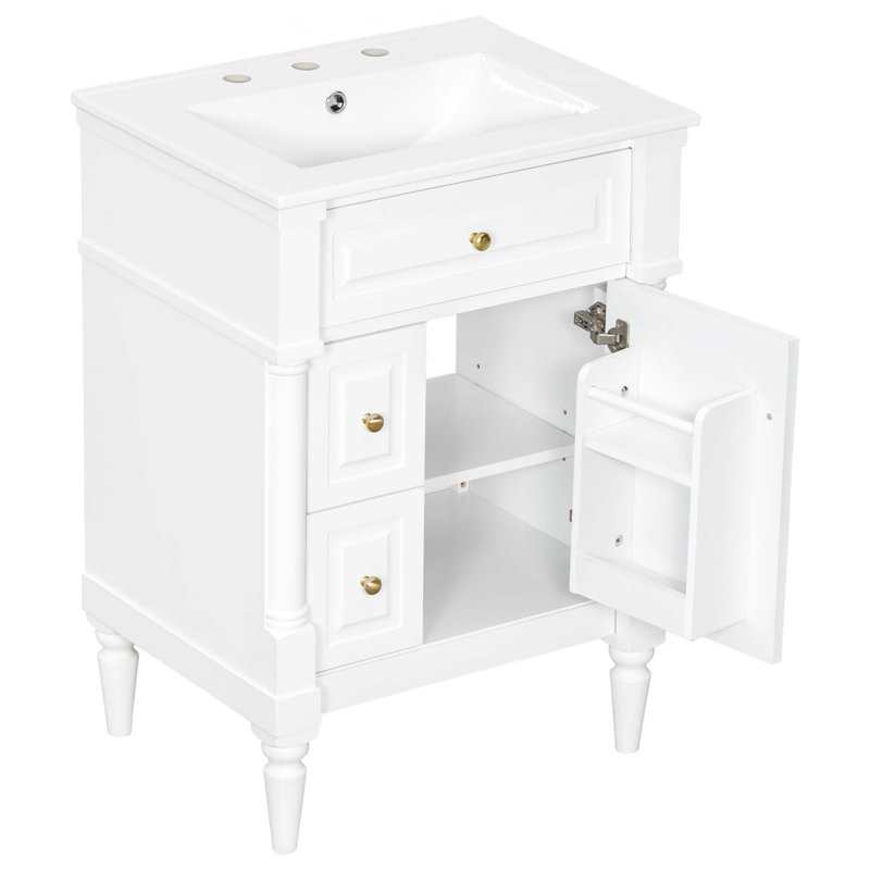 24 Inch Bathroom Vanity With Sink,Bathroom Cabinet With Flip Drawer,Adjustable Shelf,Solid Rubberwood Frame,MDF Panels & Metal Handles