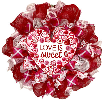 Valentine's Day Handmade Wreath with Wood Heart Design, Love is Sweet, Holiday Door Decoration