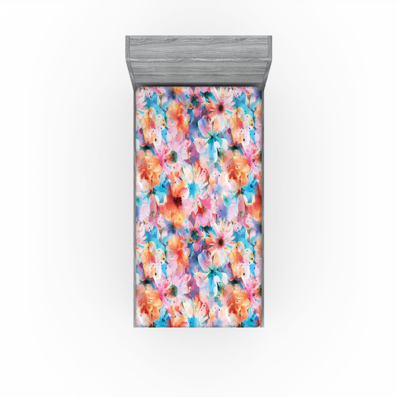 Drap-housse à motif floral Ambesonne, Bleu ciel, saumon, rose / floral, Drap-housse de taille simple