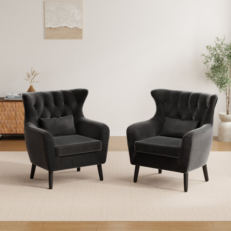 Thick Cushion Tufted Button Velvet Accent Chair, Black Velvet