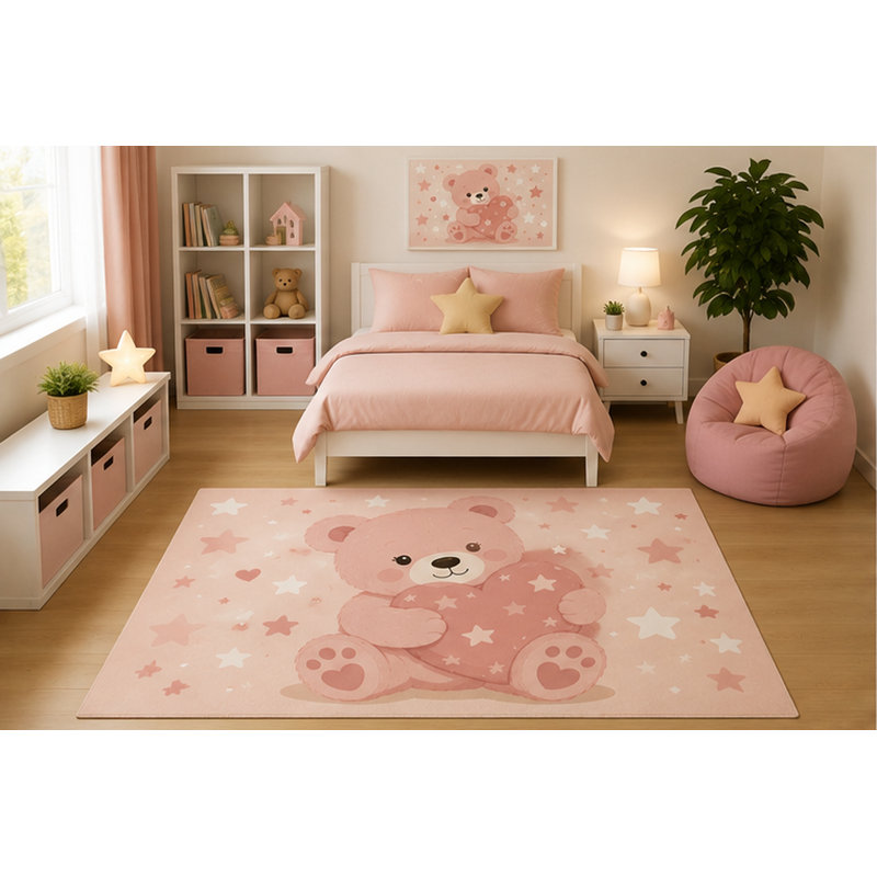Tapis ultra-léger 152 x 213 cm pour chambre d'enfant, motif ours en peluche rose et cœur, étoiles pastel, idéal pour la chambre de bébé ou la salle de jeux. Dos en silicone antidérapant, poils courts.