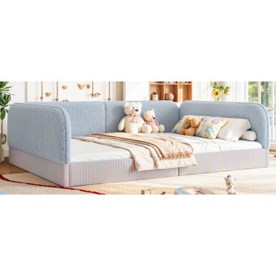 Grand cadre de lit rembourré en molleton pour enfants, lit plateforme semi-fermé Montessori pour garçons et filles, lit plateforme à profil bas avec garde-corps latéraux, bleu