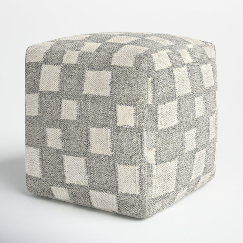 Gwennie Upholstered Pouf, Gray/White Wool/Cotton Blend