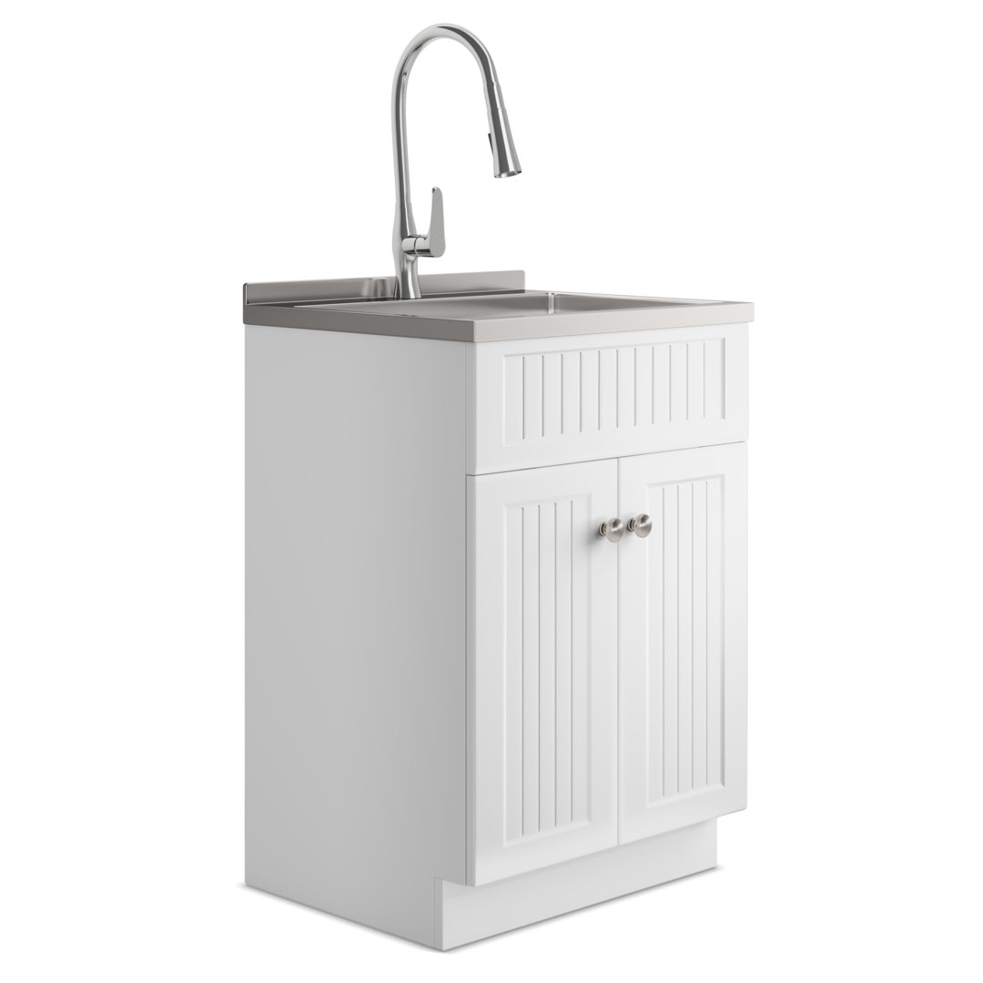 Beckham 24"W Utility Sink & Laundry Cabinet with High Arc Faucet and Stainless Steel Sink, White Simpli Home