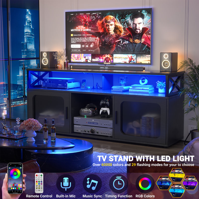 TV Stand For 60 Inch TV,Entertainment Center With LED Light & Charging Station, Large Media Console Cabinet, Black
