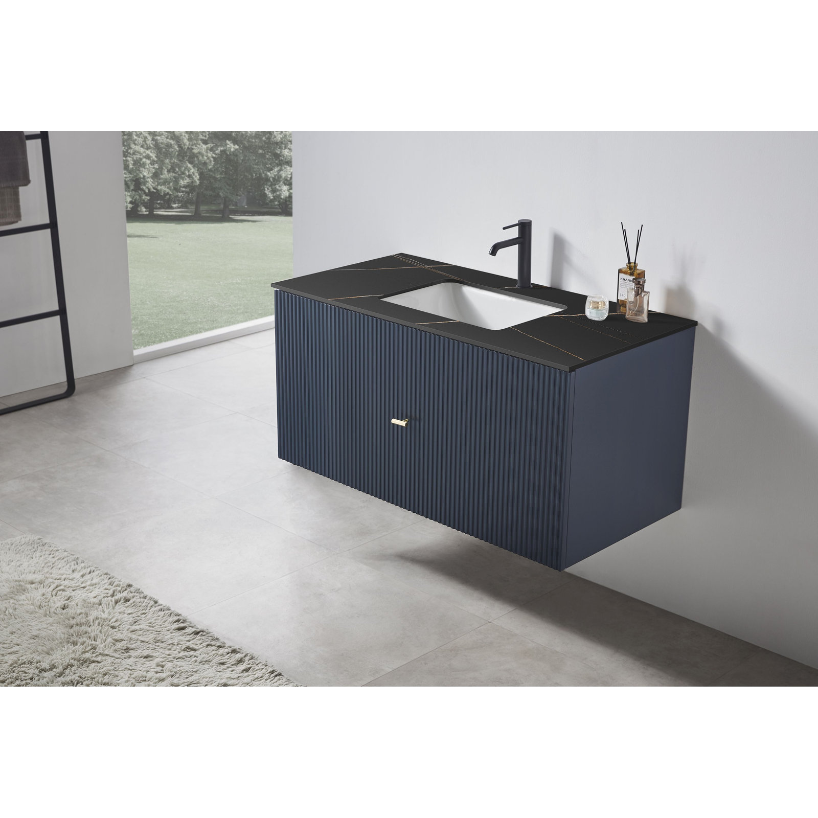 Jamell 42 Wall Mount Modern Bathroom Vanity, Dark Blue, Black