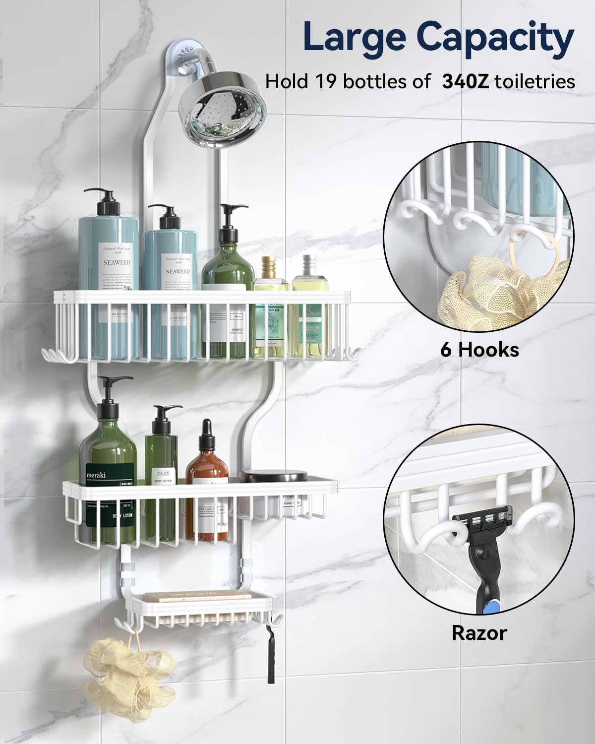 Latitude Run® Shower Caddy Hanging - Never Rust Shower Organizer Aluminum Over The Shower Head Caddy With 10 Hooks For Razorsponge Shower Rack With Soap Basket White W113615024 - View #7