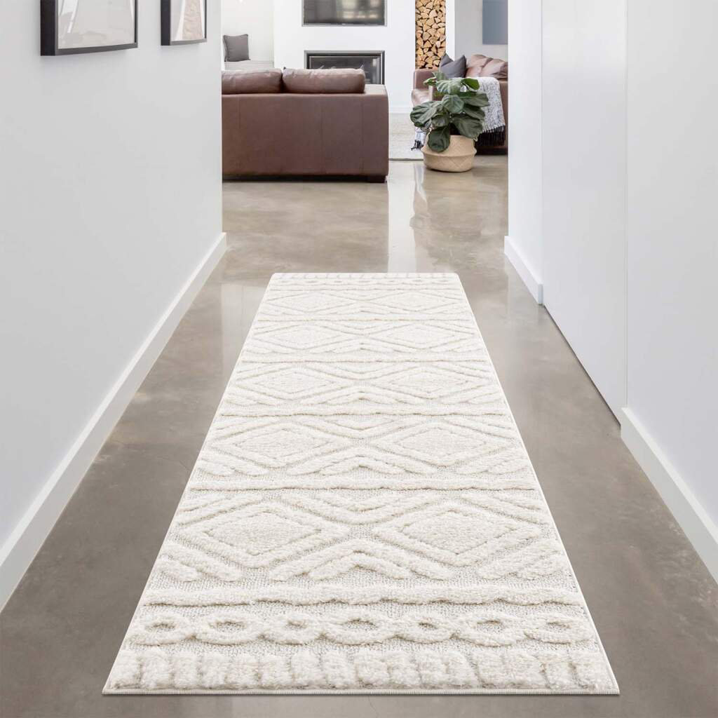 Teppich Focus 3382 Hochflor Boho Wohnzimmer Creme, Weiß Hochtief-Muster/ 3D-Effekt Rautenmuster Andreoni