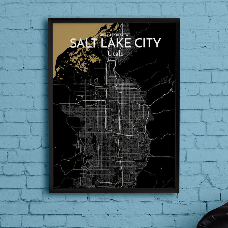 « Salt Lake City Map », impression d’art graphique de luxe, H 17 po x l 11 po x P 0,05 po