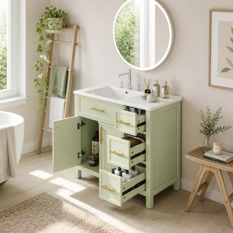 Meuble-lavabo de 36 po avec comptoir d'évier, meuble-lavabo avec deux portes et trois tiroirs, bois massif, panneaux de fibres à densité moyenne, un paquet