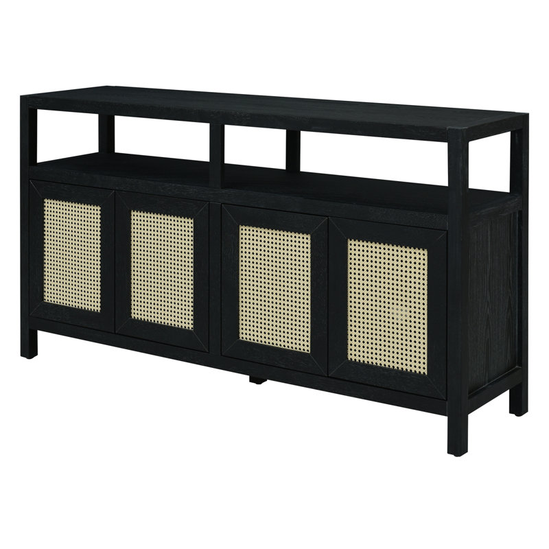 Bohemian Style Rattan Buffet Storage Cabinet with Solid Wood Frame, Push-to-Open Design, Black