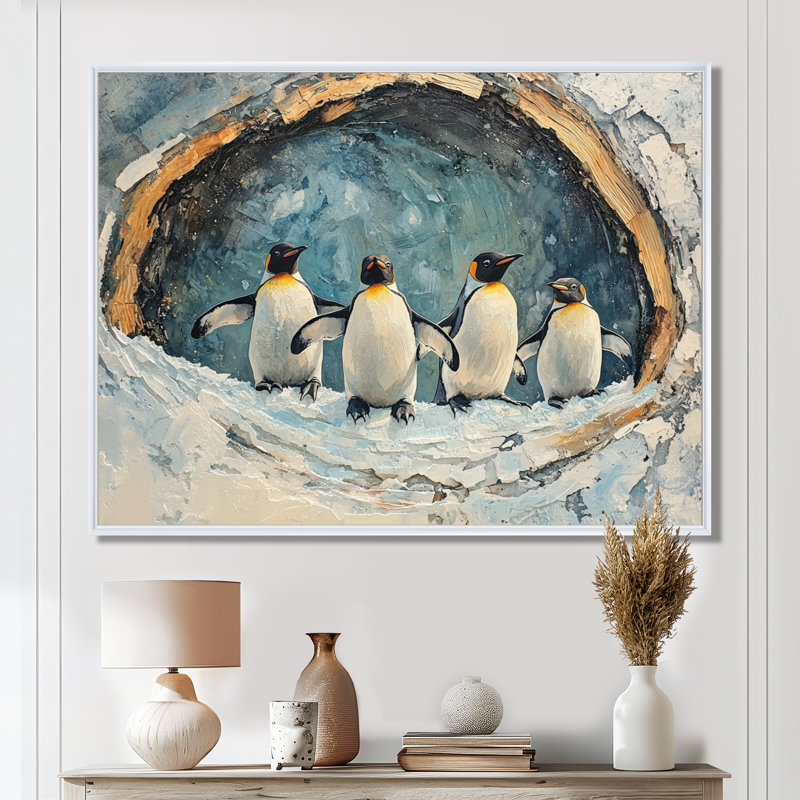 «Penguin Family In A Winter Landscape», reproduction sur toile de pingouin, H 24 po x l 32 po, Avec cadre, Blanc