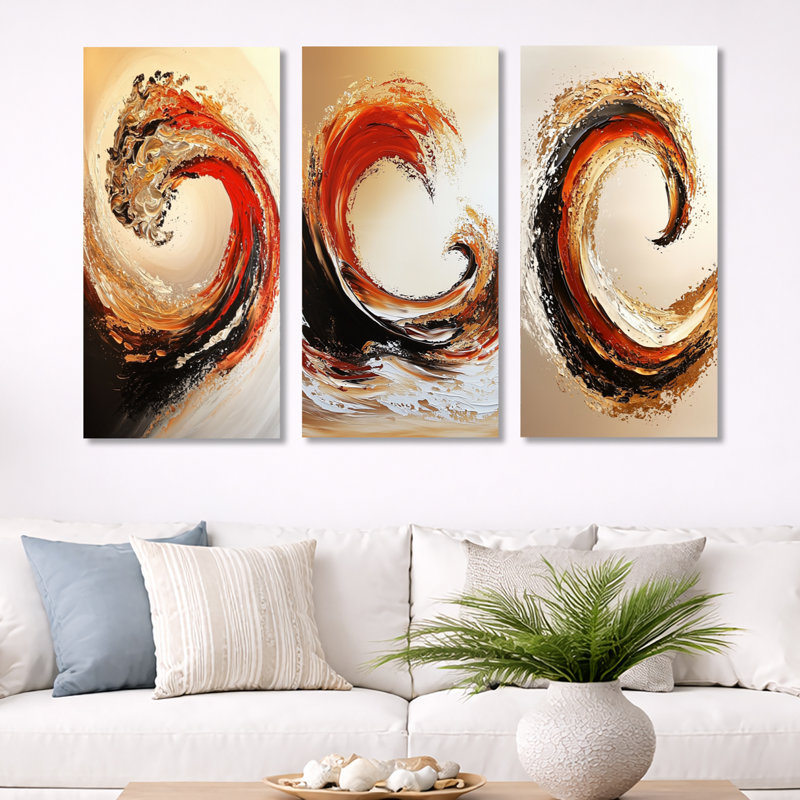 Golden and Red Coastal Waves - Coastal, reproduction d'art sur toile encadrée 3 pièces, H 40 po x l 60 po, Toile tendue