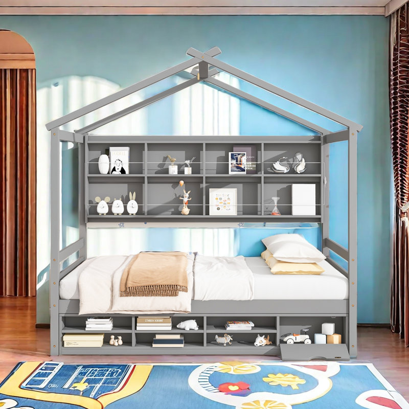 Lit maison avec structure de toit, tablettes de chevet, unité de rangement sous le lit, Gris, Double