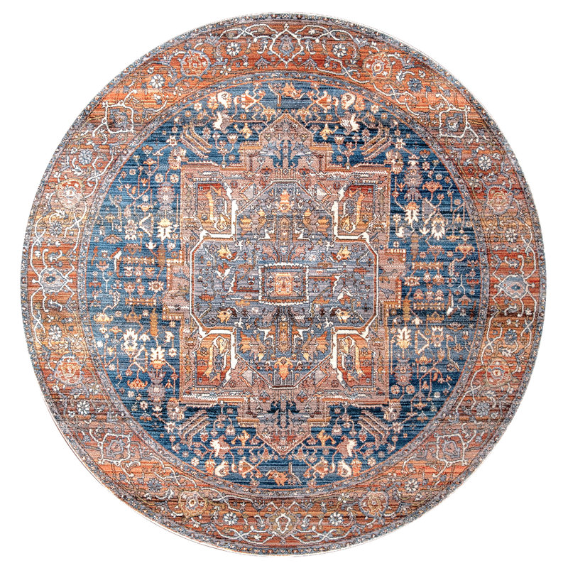 Tapis oriental traditionnel rouille, brique et bleu marine à motif de médaillon Windmere, Rond 4 pi