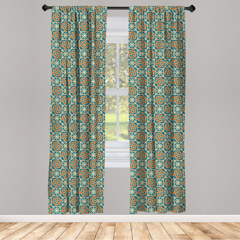 Teal and Orange Geometric Pattern Room-Darkening Polyester Curtain Panels, 28" x 63"