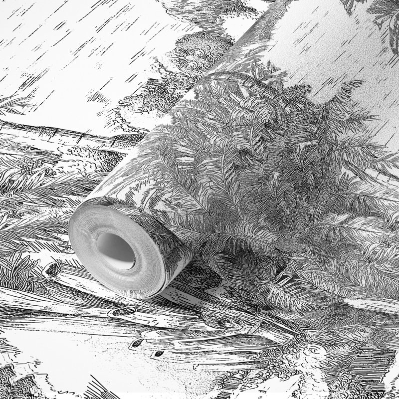 Papier peint tropical monochrome dessiné à la main Jungle, Noir, L 117,96 po x l 175 po