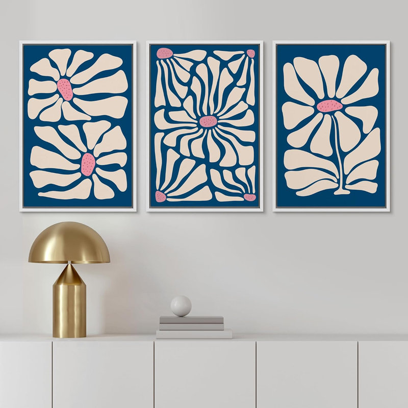 Abstrait botanique, "Fleurs bleu marine", art bohème moderne, impression sur toile encadrée 3 pièces, Blanc