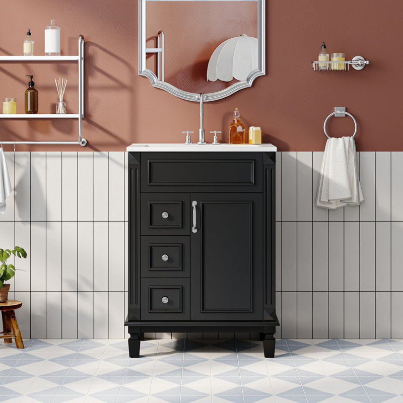 Meuble-lavabo compact avec lavabo en céramique 2 tiroirs et tablette réglable pour petits espaces, Noir