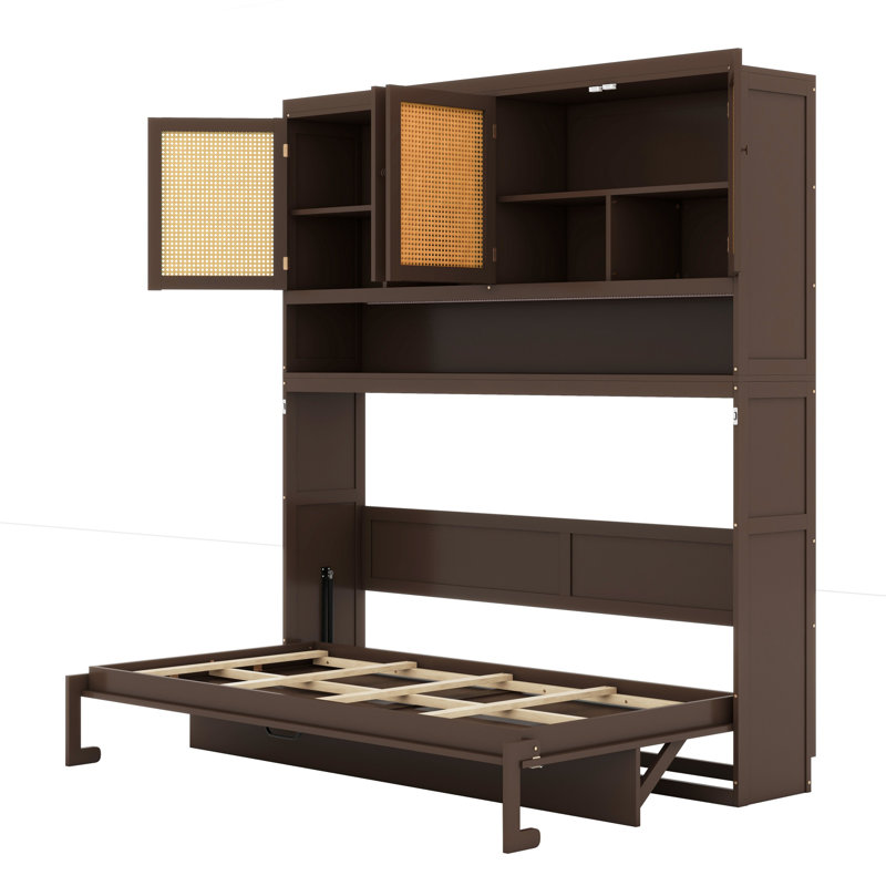 Lit escamotable avec armoire supérieure, lumière intégrée et chargeur USB, Espresso