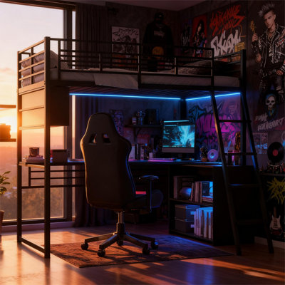 Lit mezzanine en métal avec bandes lumineuses à DEL, bureau intégré et 4 tablettes de rangement
